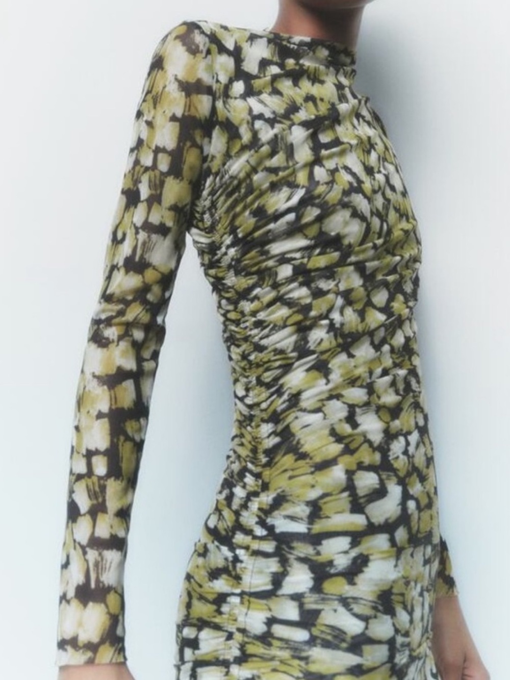 Zara Olive and Black Long Sleeve Ruched Mini Dress
